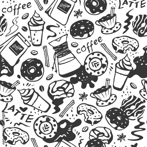 Donut and Coffee seamless pattern. Black and white. Colored page illustration