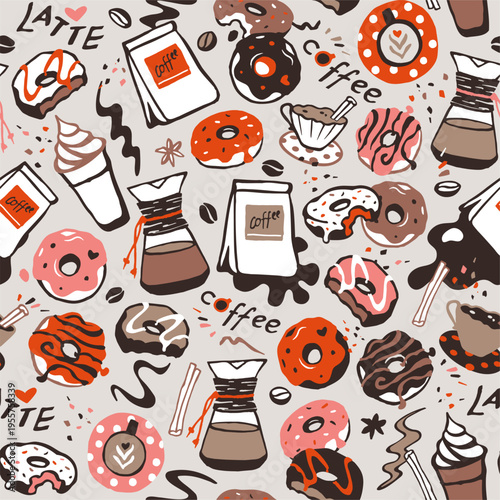 Coffee and Donut seamless pattern in retro style. 