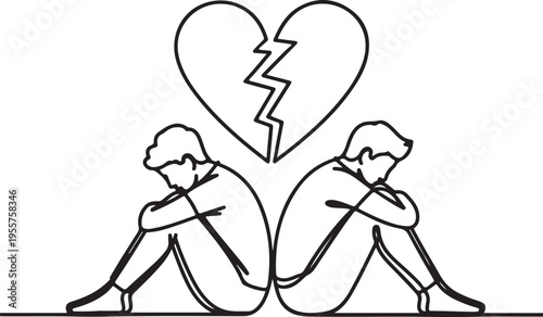A broken heart illustration showing two people sitting back to back, symbolizing a breakup or failed relationship