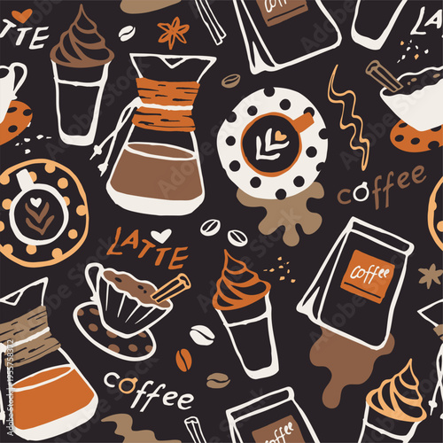 Coffee seamless pattern. espresso, latte, cappuccino, percolator, coffee machine, frappè, macchiato 