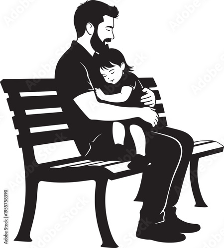 Father Holding Sleeping Daughter on a Bench Silhouette - A Tender Vector Illustration of Unconditional Paternal Love, Comfort, and Security, Capturing a Peaceful Family Moment