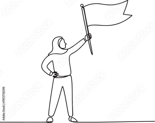 A determined woman in hijab proudly holds a flag aloft, symbolizing empowerment, achievement, and a bright future with unwavering resolve