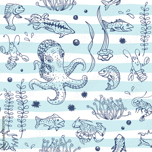 Underwater seamless pattern on sea striped background. Octopus, fish, squid, crab, shrimp, oyster, urchin, mollusk, seashell, crawfish, coral, seaweed and water bubbles. Inked sketch.