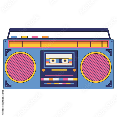 Vector illustration of retro boombox isolated on white. Vintage  cassette stereo system with speakers. Nostalgic 80s–90s portable audio device.