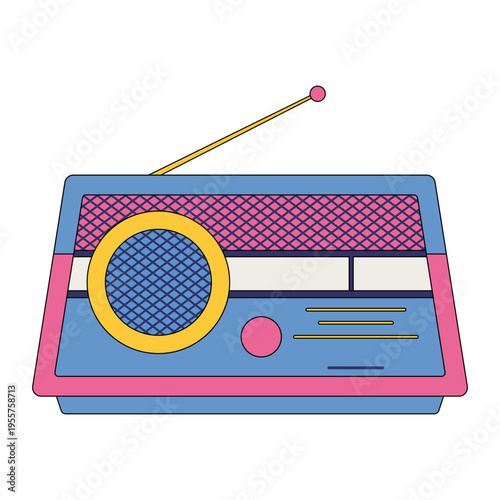 Vector illustration of retro radio transistor isolated on white. Vintage  portable audio receiver with antenna. Nostalgic 60s-70s technology.