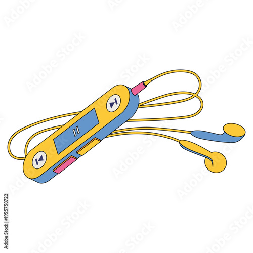 Vector illustration of MP3 player with earphones isolated on white. Early 2000s portable digital music device. Compact audio technology, nostalgic gadget.