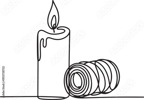 Elegant single line art of a burning candle and rolled elements, a modern graphic illustration symbolizing peace, warmth, and relaxation