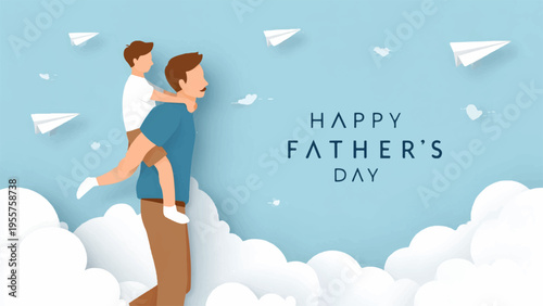 Father and son enjoying happy father's day together on clouds with paper planes