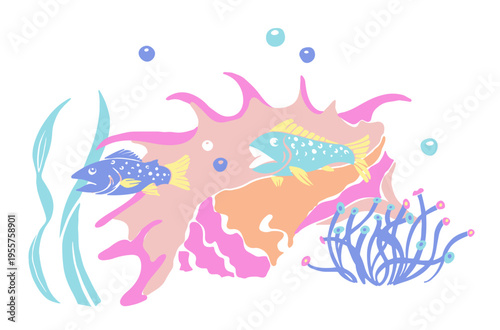 Fish swimming around tropical seashell, coral reef and seaweed. Underwater scene isolated on white