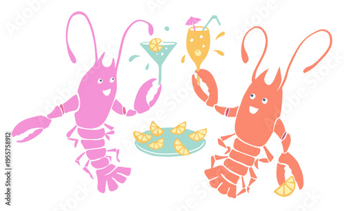 Two joyful lobsters drinking cocktails 