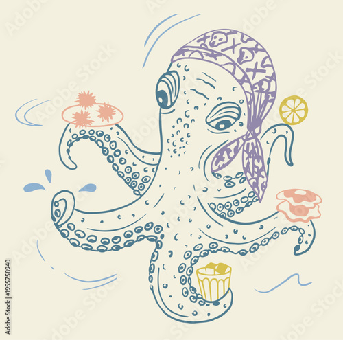 Octopus chef wearing bandana and holding seafood, drink and lemon in its tentacles. Inked sketchy style with retro vibe.
