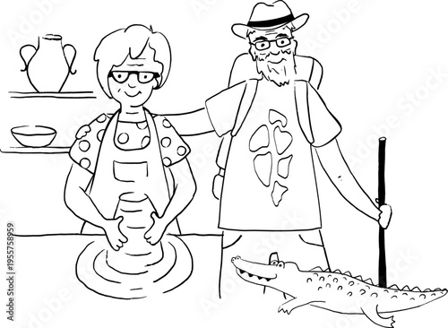 Happy senior active man and woman on retirement. Elderly wife making pottery while her husband travels with a backpack on his back, and a friendly crocodile is looking at them from the side. Black an