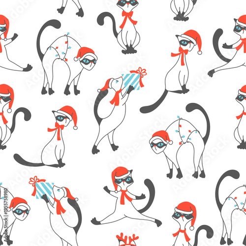Christmas Siamese Cats in Santa Hats seamless pattern