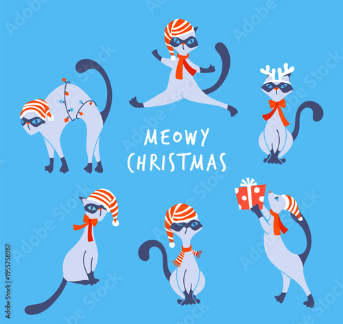 Christmas Card with Siamese cats in Santa Hats in different poses