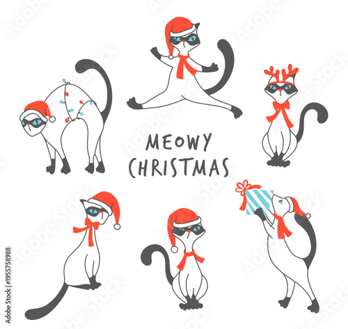 Siam cats Mascots in Christmas Clothes isolated on white. Xmas Greeting Card. Editable stroke. 