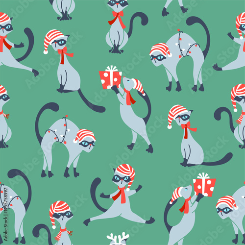 Siam Cats Celebrating Christmas in cozy outfits seamless pattern