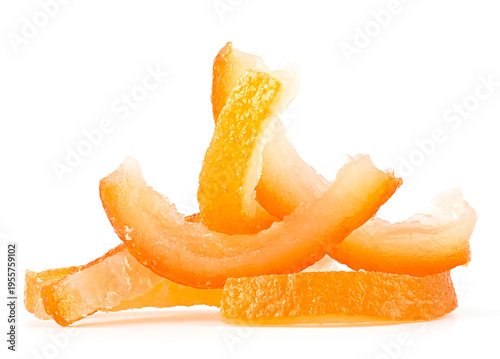 Candied orange stripes isolated on a white background. Sugar orange peel. Dried citrus fruits.