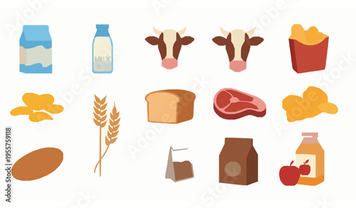 Food and Grocery Store Icon Set – Vector Illustration of Dairy, Snacks, and Beverages