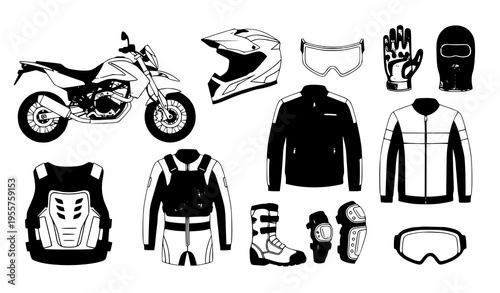 Motorcycle Equipment and Parts Icon Set – Vector Illustration of Motorbike Gear