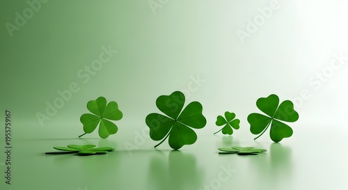 Group of four-leaf clovers and shamrocks on a reflective green background with copy space 