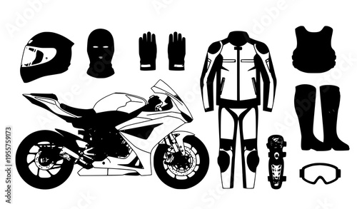 Motorbike Equipment Vector Icon Pack – Helmet, Gloves, Jacket, Boots, Race Gear