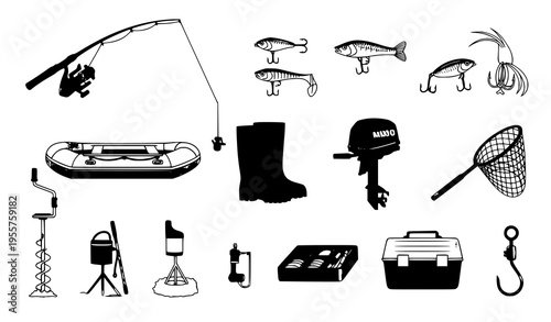Fishing Equipment Icon Set – Vector Illustration of Rods, Reels, and Gear
