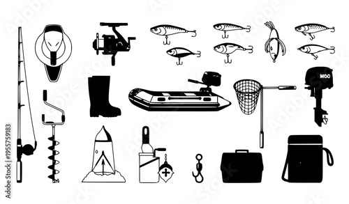 Flat Fishing Gear Icon Set – Vector Illustration of Rod, Reel, Boat, and Tackle