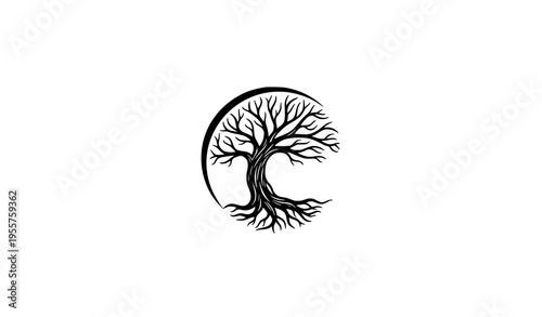 Hand drawn tree of life logo vector with organic botanical lines natural plant emblem design