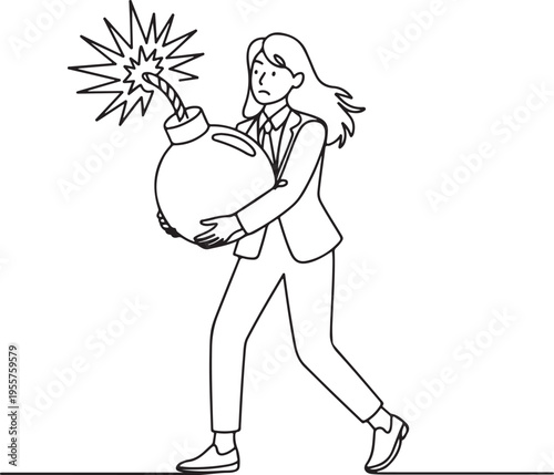 Businesswoman Navigates Impending Crisis A Metaphor for Workplace Stress and Urgent Deadlines, Carrying a Ticking Bomb