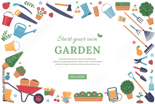 Garden banner with gardening tools. Background template with garden instruments and copy space. Horizontal poster layout. Set of horticulture objects. Vector illustration. Flat design. Color icons.