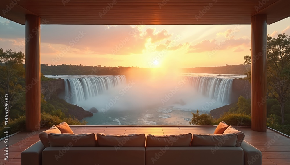 Fototapeta premium Luxurious veranda couch faces majestic waterfall vista at sunrise. Morning sun rays pierce mist rising from water. Peaceful nature scene with tropical green plants and architecture.
