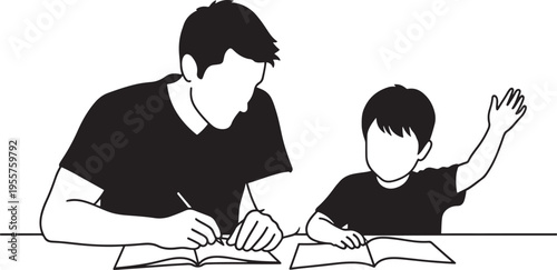 Father and son studying together with books, a boy raising his hand in class, representing education, homework help, and parental support.