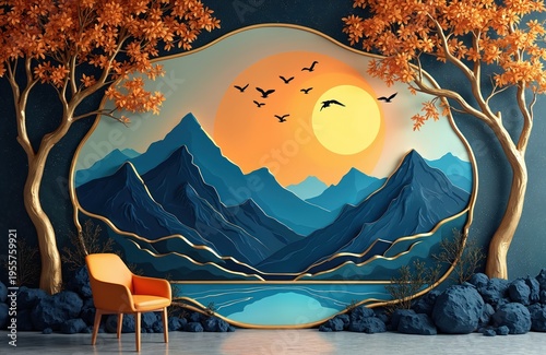 Stylized mountain range landscape with golden accents and trees. Bright sun shines behind silhouettes of birds flying. Orange chair sits in foreground, adding modern touch. Ideal for interior design.