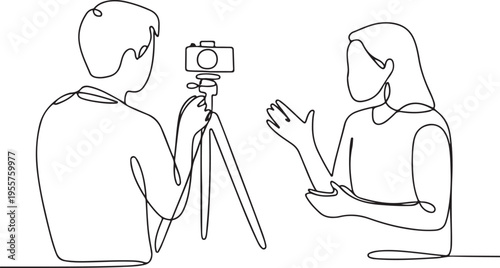 Minimalist continuous line art showing a content creator filming a speaker, symbolizing video production, interviews, and digital media communication