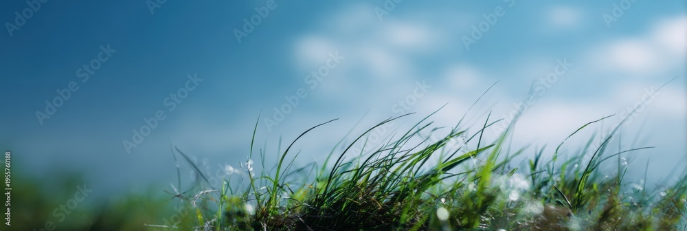 Obraz premium Closeup meadow grass blades dew sparkling droplets blue sky soft clouds horizon nature tranquil panoramic scene