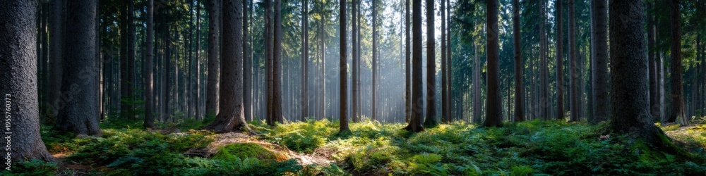 Fototapeta premium Dense evergreen forest sunbeams and mossy floor with tall trunks and filtered light creating a quiet natural grove
