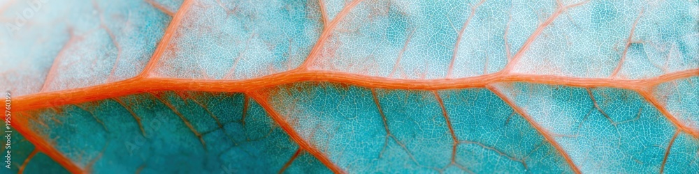 Fototapeta premium Closeup leaf vein texture turquoise orange macro botanical detail organic pattern nature abstract vibrant contrast close up natural surface