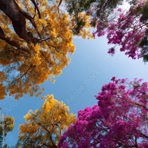 Colorful treetops viewed from below with golden yellow and magenta canopy under a clear blue sky, vibrant autumn foliage and tall trunks