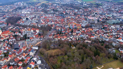 Aerial view of the old town city Aalen in south Germany . On a cloudy day in autumn. 