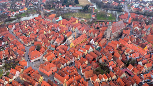 Aerial view of the old town city Dinkelsbühl in south Germany, Bavaria . On a cloudy day in autumn. 