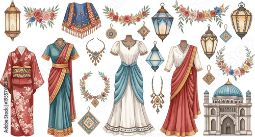 Traditional Cultural Fashion and Decorative Elements Vector Illustration Featuring Ethnic Dresses Jewelry Lanterns and Floral Ornament Collection Set