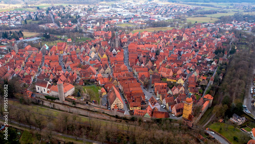 Aerial view of the old town city Dinkelsbühl in south Germany, Bavaria . On a cloudy day in autumn. 