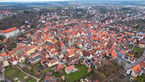 Aerial view of the old town city Feuchtwangen in south Germany, Bavaria . On a cloudy day in autumn. 
