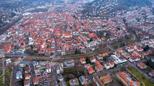 Aerial view of the old town city Schwäbisch Gmünd in south Germany . On a cloudy day in autumn. 