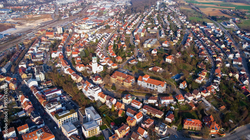Aerial view of the old town city Mühlacker 75417 in south Germany . On a cloudy day in autumn. 