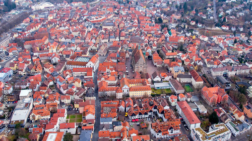 Aerial view of the old town city Schwäbisch Gmünd in south Germany . On a cloudy day in autumn. 