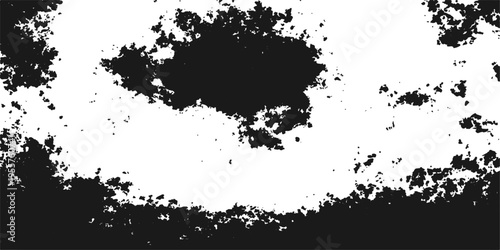Abstract black ink splat and grunge paint splatter texture design featuring a dirty spray pattern with liquid drip elements on a vector art frame background