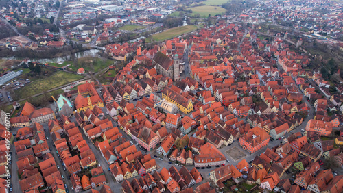 Aerial view of the old town city Dinkelsbühl in south Germany, Bavaria . On a cloudy day in autumn. 