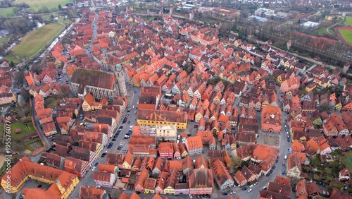 Aerial view of the old town city Dinkelsbühl in south Germany, Bavaria . On a cloudy day in autumn. 