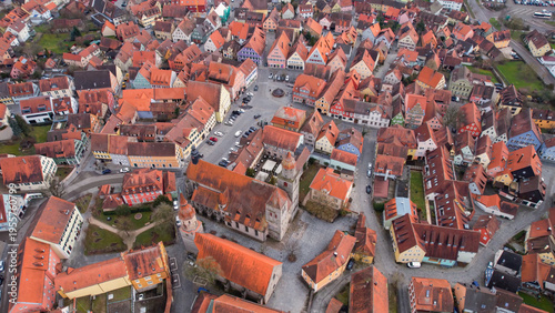 Aerial view of the old town around the city Feuchtwangen. On a cloud autumn day. 